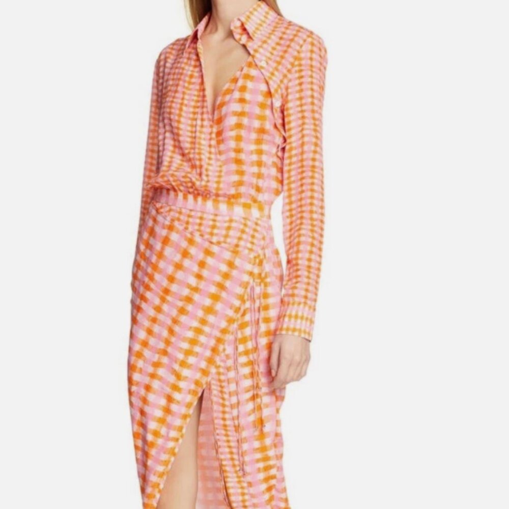 ALTUZARRA Constantina Wrap Gingham Pink Orange Silk dress 40/10